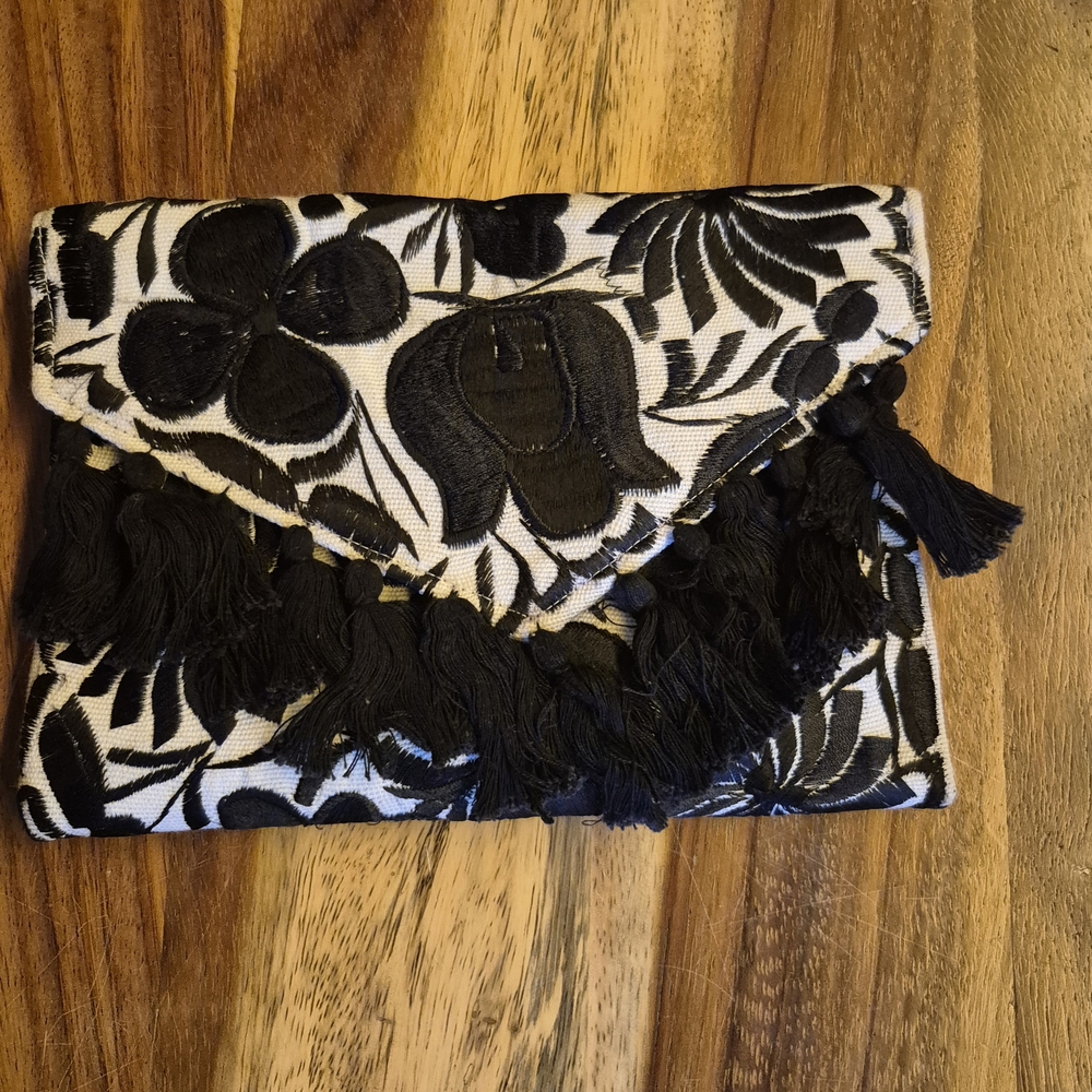 Black and White Floral Clutch with Tassels